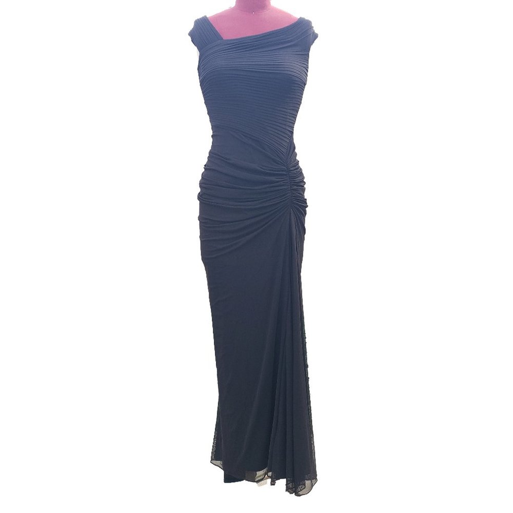 Tadashi Shoji Formal Dress Black Mesh Drape Ruched Asymmetrical Bodycon PXS